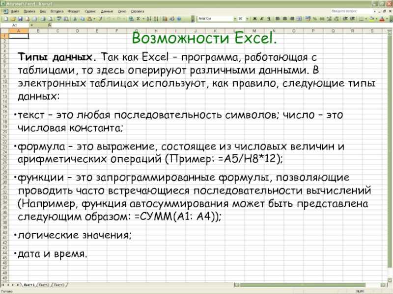 Типы данных в электронной таблице