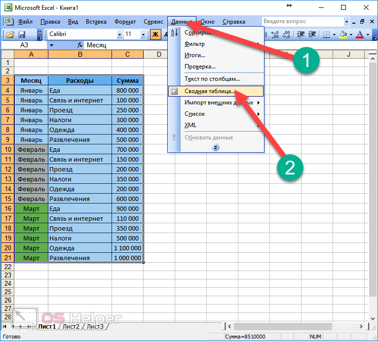 Делаем сводную таблица в excel