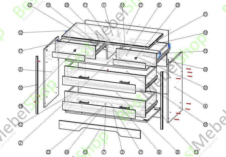 Как собрать комод с выдвижными ящиками 4 ящика с роликовыми направляющими