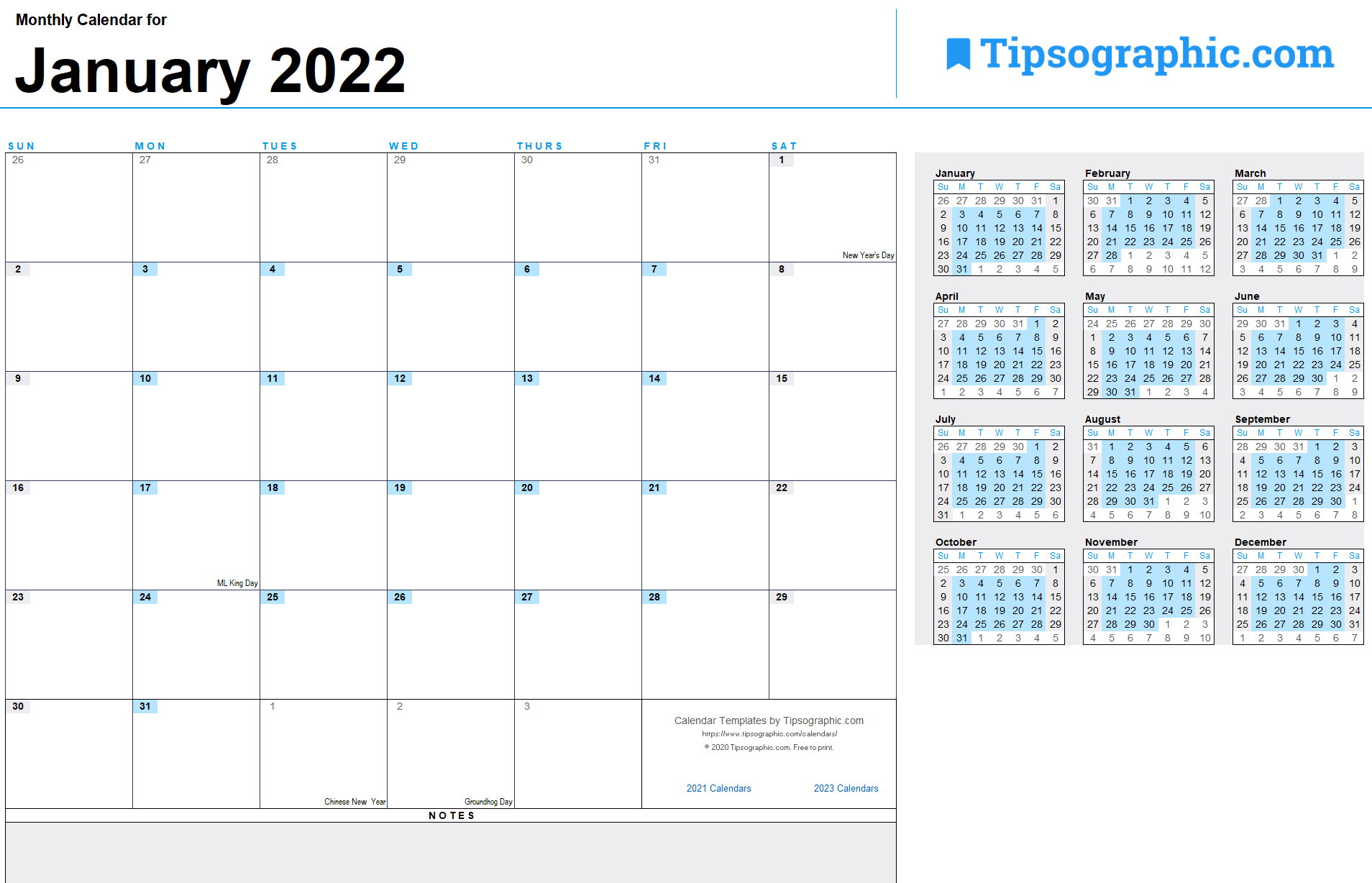 2022 printable calendar - pdf or excel