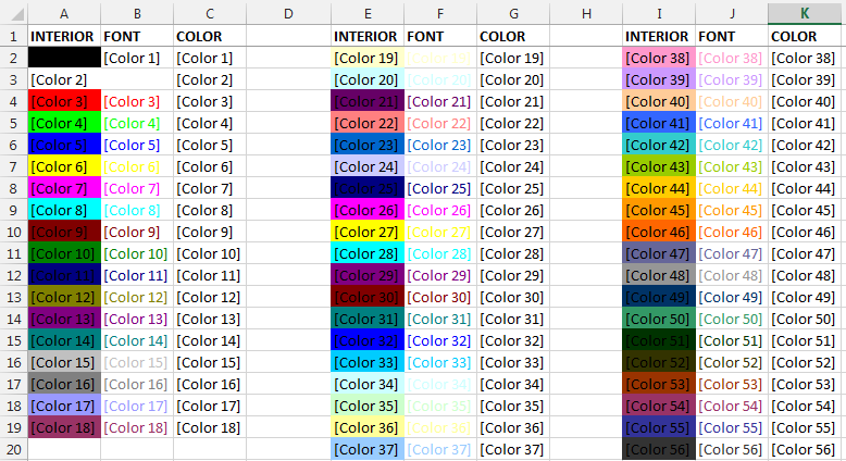 Какого цвета числа. Excel 2007 vba Interior.colorindex коды цветов. Colorindex vba цвета. Excel colorindex таблица цветов. Код цветов в excel.